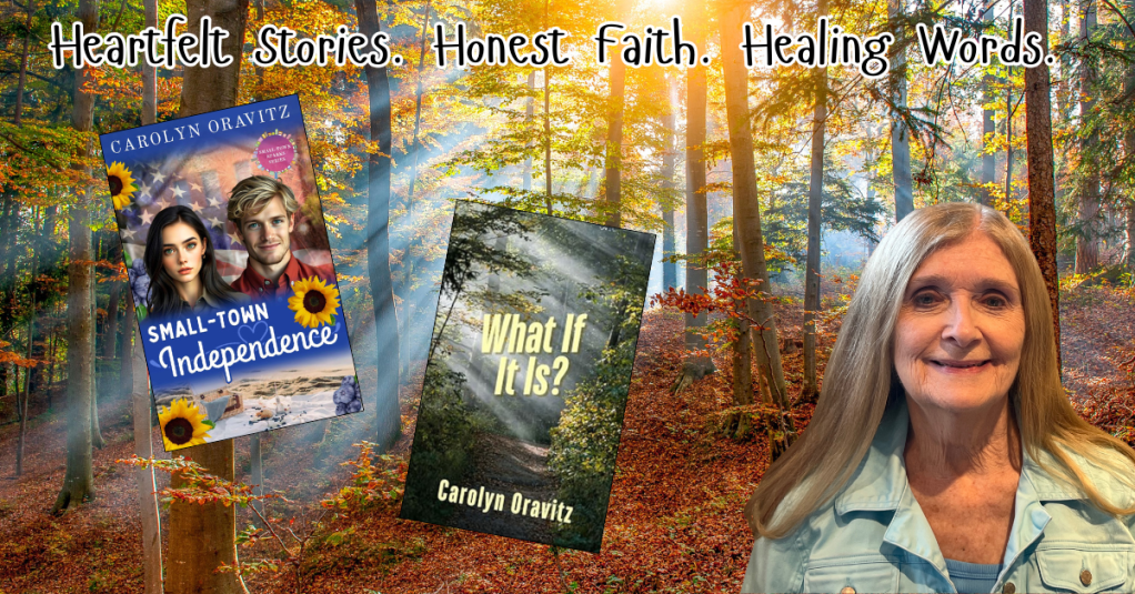 Carolyn's two books, her tagline and a photo of light in a forest